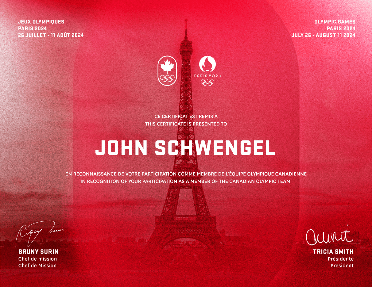 Team Canada certificate recognizing John Schwengel as a member of the Canadian Olympic Team at Paris 2024
